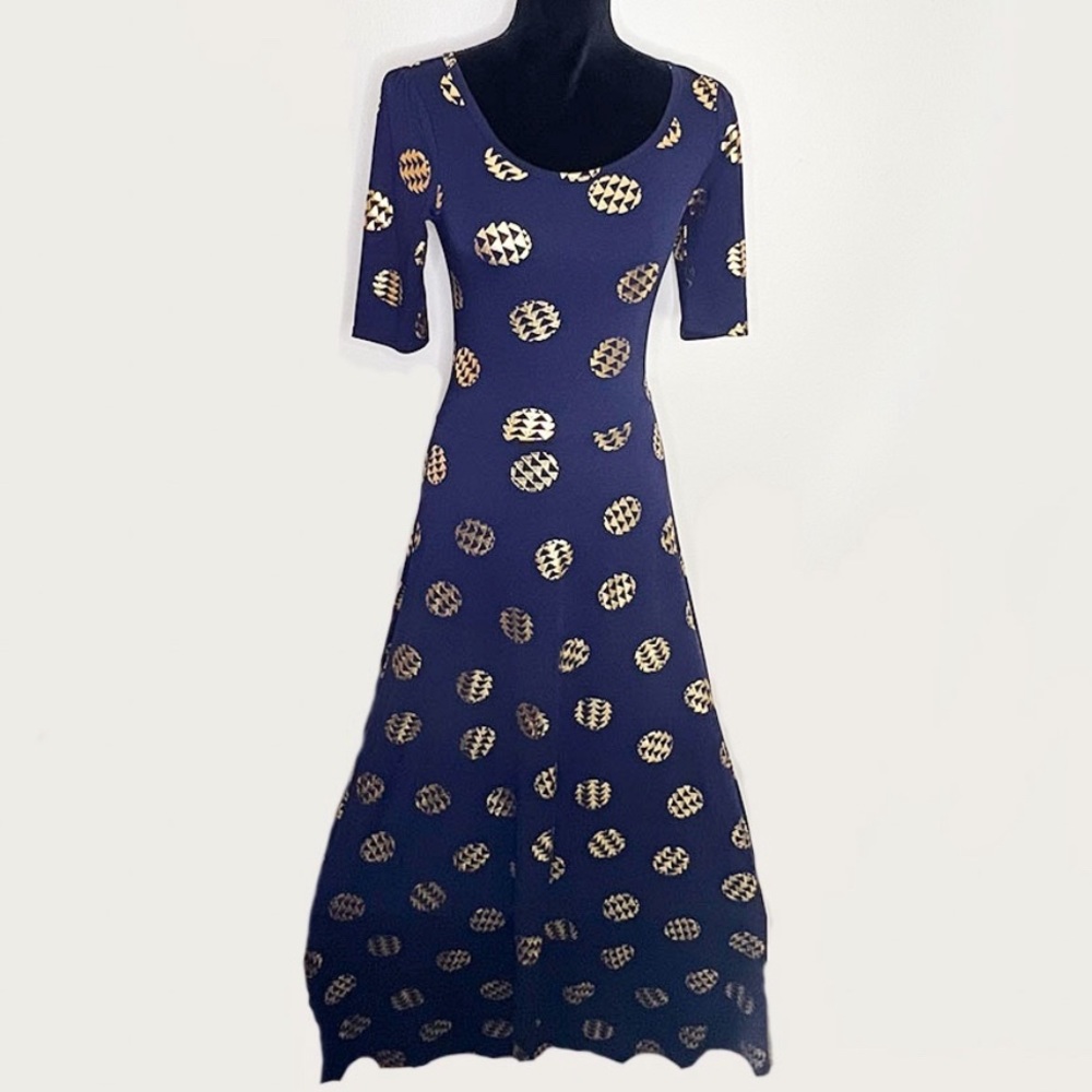 Comfortable festive holiday maxi dress navy blue with gold ornament
